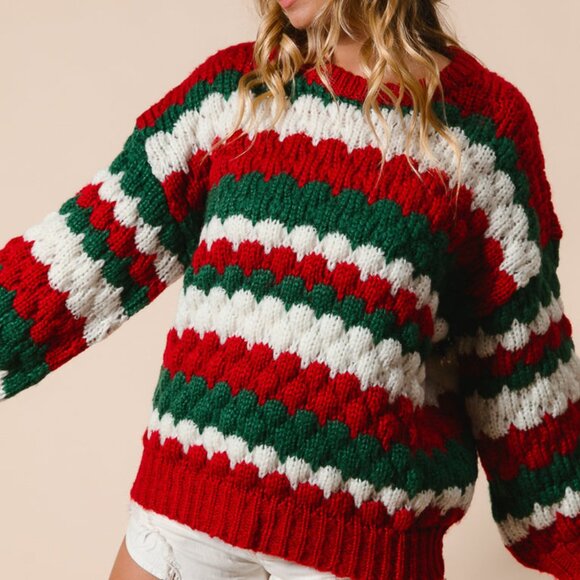 BIBI Chunky Knit Christmas Sweater – Red Green White Striped Pullover - Picture 1 of 11